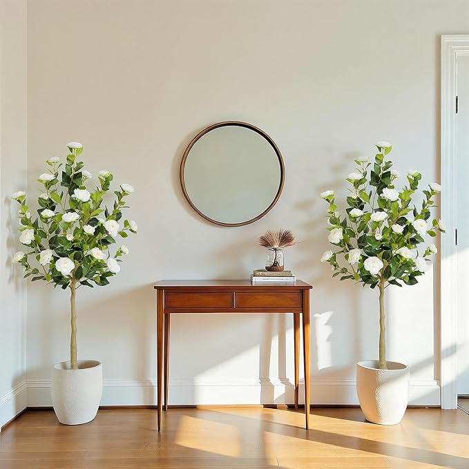 Bellacat 5ft Artificial Camellia Tree with Silk White Flowers, 60in Faux Camellia Plant with Lifelike Trunk, Fake Flower Tree Potted Front Door Plants for Porch Patio Deck Living Room Decor, 2Pack