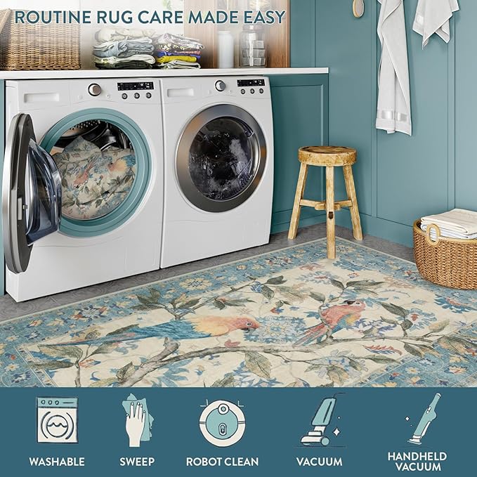Lahome Botanical Birds 5x7 Washable Blue Living Room Rugs, Soft Non Slip Dining Room Rugs for Under Table, Boho Vintage Indoor Floor Carpet for Bedroom Home Office (5x7ft,Blue)