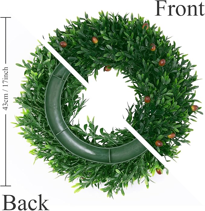 U'Artlines 17" Spring Summer Wreath for Door Green Boxwood Wreath Greenery Hanging Garland for Home Wedding Wall Window Decoration Green＆Brown