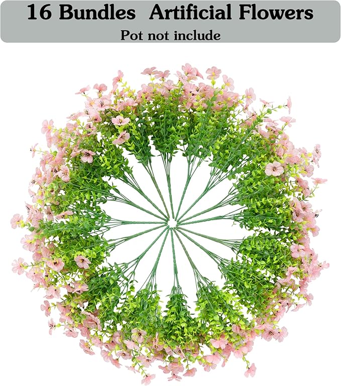 Artificial Fake Flowers Plants for Outdoors Spring Summer Decoration,Faux Flowers Plants Greenery UV Resistant Silk Daisy Realistic for Outside Planter Front Porch Patio Garden Home 16 Bundles（Pink）
