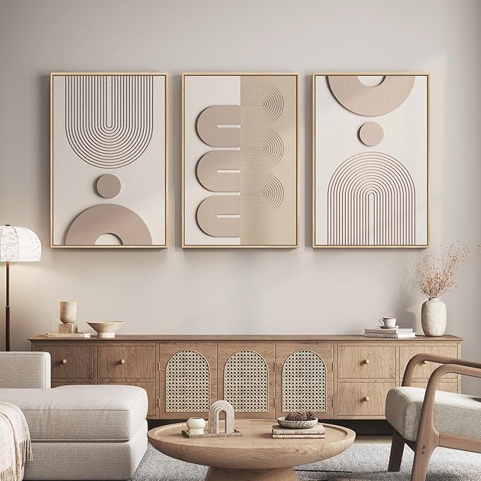 Large 3D Textured Framed Boho Neutral Abstract Wall Art for Living Room, 3 Piece Modern Paintings Artwork for Walls, Minimalist Beige White Geometric Pictures for Bedroom Hallway Office Wall Decor 24x36 In