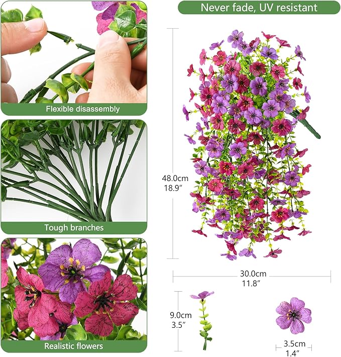 INQCMY 2Pcs Artificial Fake Hanging Flowers for Outdoors UV Resistant Artificial Plants for Spring Summer Decor Look Real Faux Flowers for Outside Home Planter Porch Patio Decor
