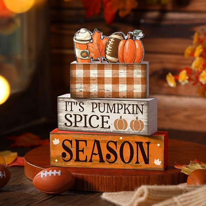 Lineshading 4 Pcs Fall Football Decorations for Home Thanksgiving Table Decor Fall Tiered Tray Decor Decorative Football Maple Leaves Pumpkins Block Signs Farmhouse Thanksgiving Centerpiece for Home