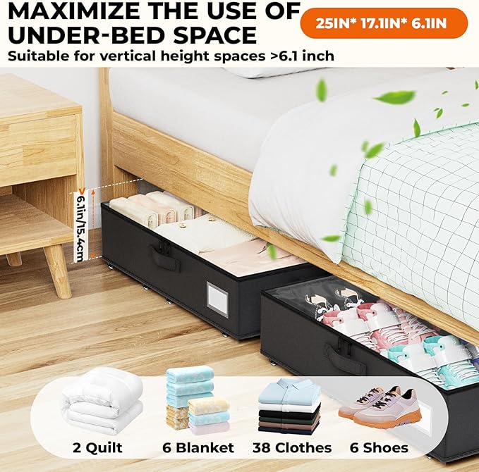 Dayacoco Underbed Storage with Wheels, 2 Pack Under Bed Storage Containers with Clear Lids No Assembly Required, 6.1 inch Rolling Under Bed Storage for Clothes, Shoes