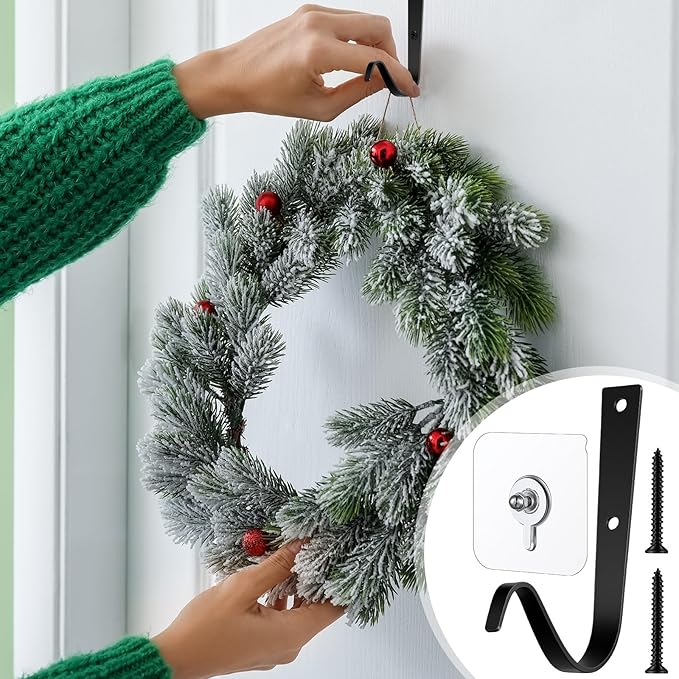 MorningRo 4 Set Large Front Door Garland Hanger Heavy Duty Cast Iron 33 lb Door Garland Hanger Self Adhesive Hook No Nails Screws for Christmas Halloween Decorations(Black)