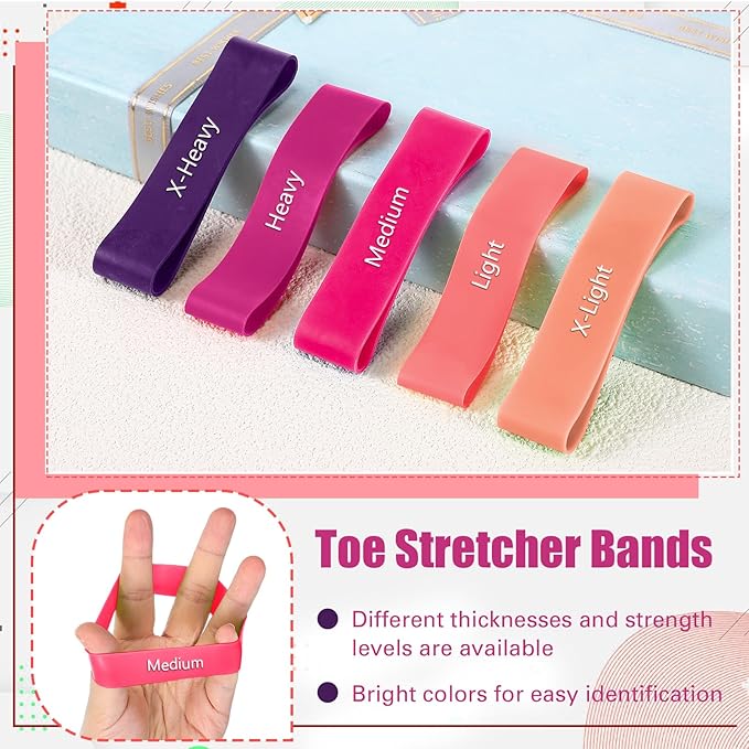 Set of 5 Toe Stretcher Band Separator Spacer Bunion Correction Hallux Valgus Alignment Foot Stretcher Straightener Resistance Loop Yoga Exercise Foot Care with Carry Bag(Pink)