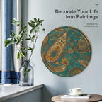 Wall Picture, with Yellow Paisley Pattern Printed Circular Iron Hanging Picture,Wall Art Decor,Home for Bedroom Living Room Bathroom Decor,Iron Painting 11.8X11.8 in