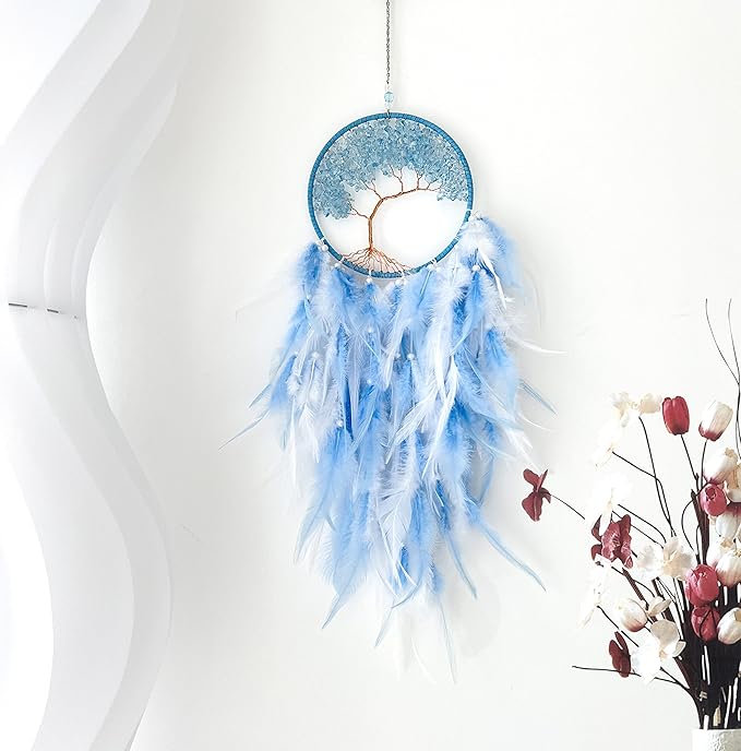 Dream Catchers, Sky Blue Dream Catcher Tree of Life Wall Decor, with Natural Healing Crystal Stone, Perfect Handmade Dreamlike Crystal Dream Catcher for Bedroom Art Craft Gift