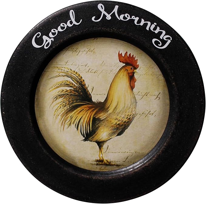 CVHOMEDECO. Rooster Decorative Plate Country Distressed Round Display Wooden Plate Home Décor Art, 11-1/4 Inch