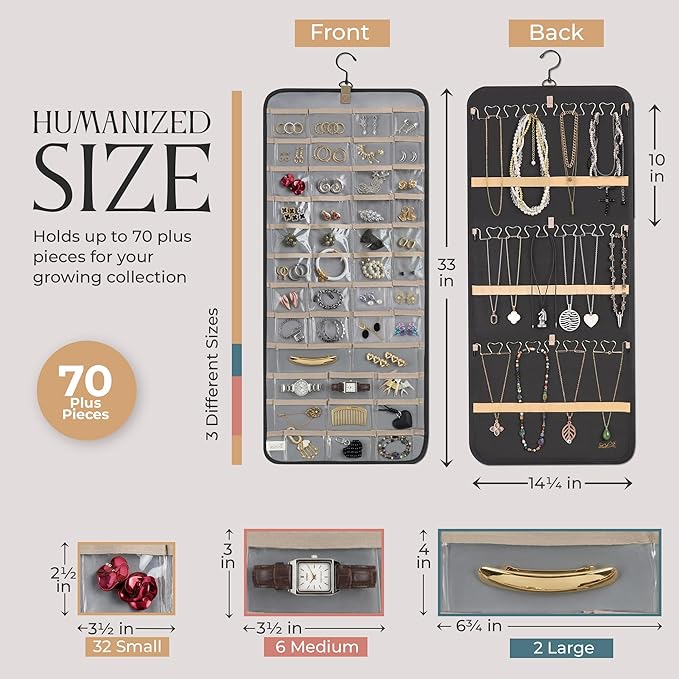 Hanging Jewelry Organizer Storage with Hanger Metal Hooks Double-Sided Jewelry Holder- Wall Mount Holder for Earrings, Necklaces, Rings on Closet, Wall, Door, 1 piece, Large, Black