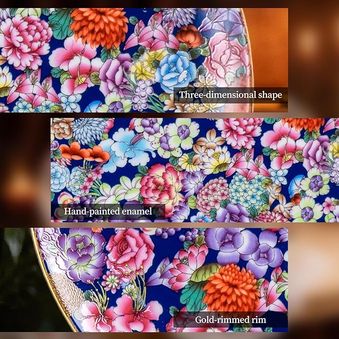 KAMMAK Decorative Plates Set for Display,Blue Ceramic Plate Decor with Stand，Handmade Vintage Flower Porcelain Ornament for Living Room, Kitchen, Office, Perfect Chinese Style Dish Gift (8in+10in)