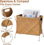 BTSKY Handwoven Magazine Holder, Natural Seagrass Magazine Basket with Metal Rack, Mail Holder Floor Organizer for Office, Living Room, Dorm, Bathroom, Woven Rattan File Basket with Handle(Caramel)
