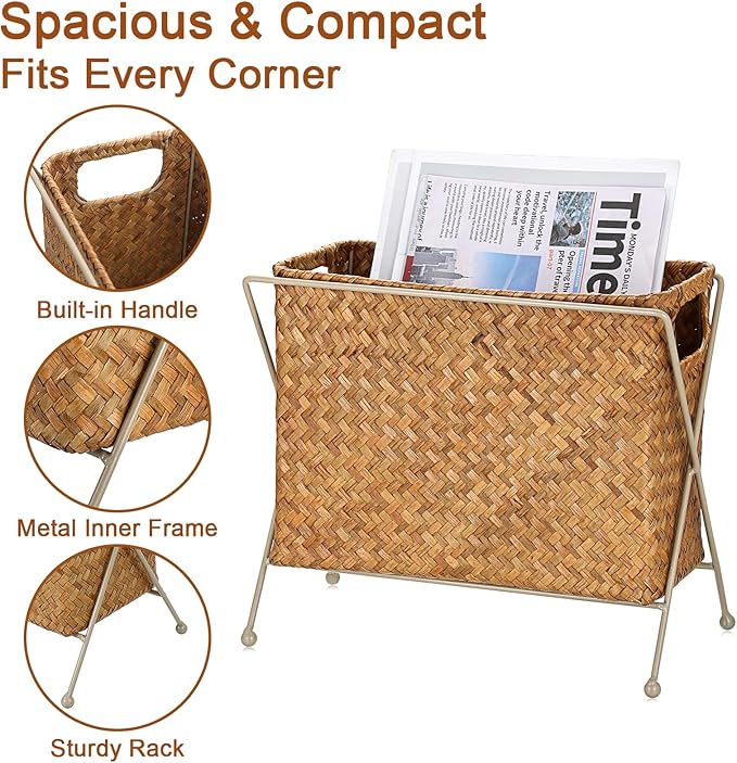 BTSKY Handwoven Magazine Holder, Natural Seagrass Magazine Basket with Metal Rack, Mail Holder Floor Organizer for Office, Living Room, Dorm, Bathroom, Woven Rattan File Basket with Handle(Caramel)