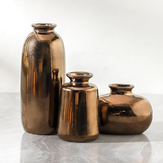 Ceramic Vase Set of 3,Small Modern Farmhouse Pottery Vases, Neutral Rustic Vases for Pampas Grass, Dried & Fresh Flowers - Ideal for Bedroom, Living Room, Bookshelf, Mantel, Centerpiece Table Decor