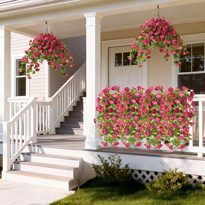 Homusnny Artificial Hanging Fake Flowers with Basket Plants Spring and Summer Outdoor Decoration, Faux Silk Flower UV Resistant Morning Glory for Home Porch Patio Garden Balcony Yard etc.(Red)