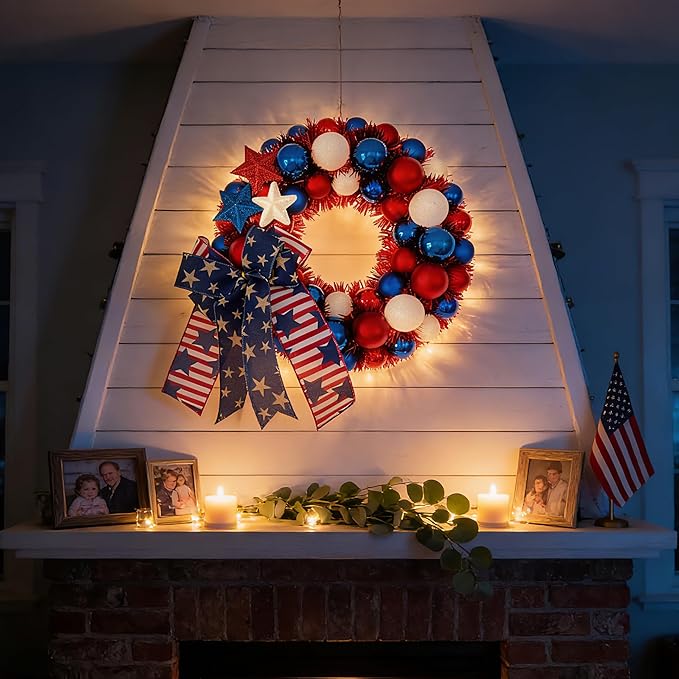 HipTree 13 Inch Patriotic Ball Wreath for Front Door with Lights, 4th of July Wreath with Red White Blue Stars & Ribbon for Memorial Day, Independence Day,Veterans Day, Flag Day,Summer Decorations