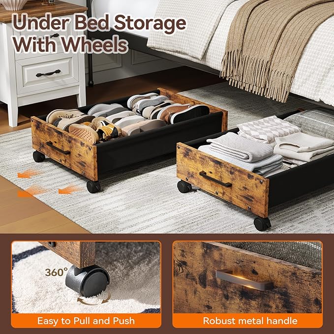 Under Bed Storage with Wheels, Wooden Under Bed Drawers On Wheels, Rolling Under Bed Shoe Storage, Space Saving, Rustic Brown,30L