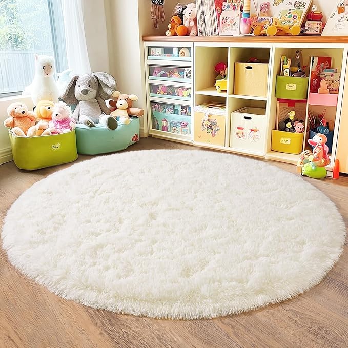 5'x5' Cream Round Rugs for Girls Bedroom, Ultra Soft Fluffy Circle Rug for Kids Room, Cute Shag Rugs for Living Room Playroom Tent Castle Home Decor Rug