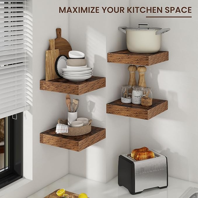 Venusmiles Square Floating Shelves for Wall, 12" W x 12" D x 2" H, 2 Pack of Small Wall Mounted Engineered Wood Shelves with Invisible Brackets for Living Room, Bedroom, Bathroom, Kitchen Decor, Brown
