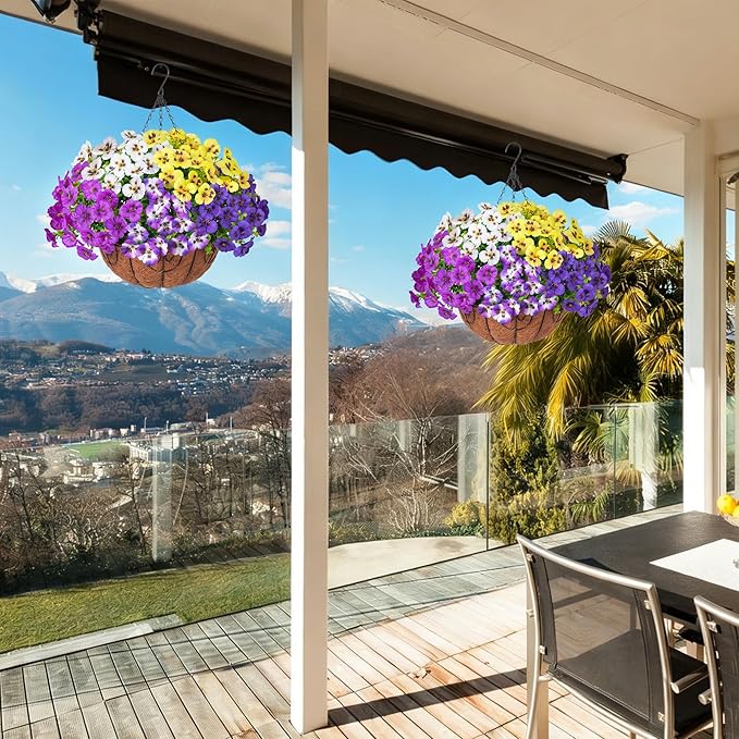 Ivydale Artificial Pansies Hanging Basket, 20 Bundles Fake Flowers Hanging Plant for Outdoor Decoration, Silk UV Resistant Realistic Colorful for Front Door Porch
