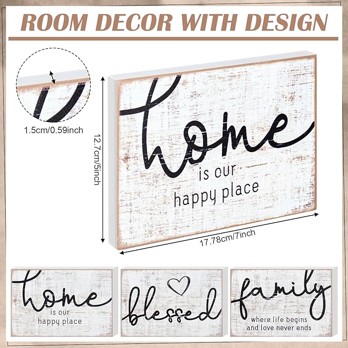Jetec 3 Pcs Wooden Family Sign Rustic Blessed Home Wall Art Mini Wood Wall Decor Farmhouse Table Shelves Decoration Sign for Bedroom Kitchen Living Room Table Decor (Retro Color,7 x5 x 0.59 in)