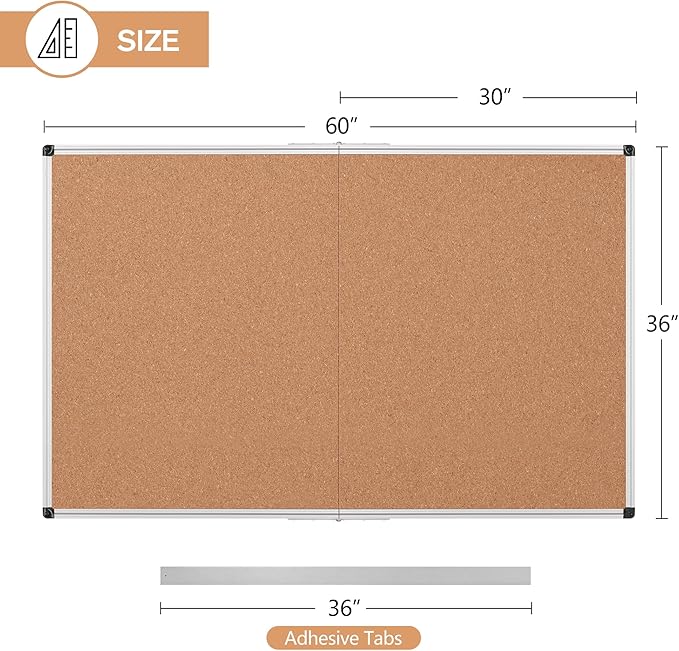 Extra Large Cork Bulletin Board 60" X 36", Foldable Notice Pin Board for Wall, Silver Aluminum Framed 5'x3' Corkboard, Wall Mounted Noticeboard with 36 Push Pins for School, Home & Office
