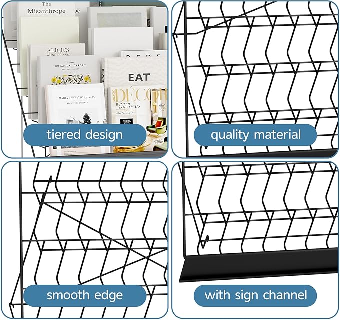 6-Tier 30" Wide Metal Magazine Holders,Wire Countertop Rack with Sign Channel,Retail Book Brochure Magazine Display Stand Literature Greeting CD Card Rack for Book Signing,Vendor Booth