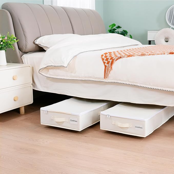 Under Bed Storage with Wheels, 2 Pack Under Bed Storage Containers with Label Holders for Clothes, Shoes and Blankets, Rolling Underbed Shoe Organizer with Cover, Beige (35.43x15.7x7.28 in)
