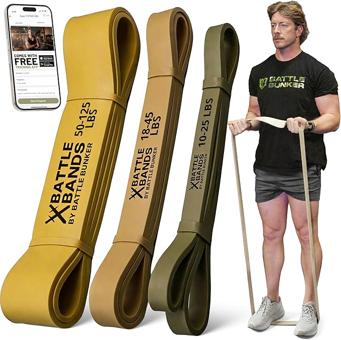 Battle Bunker Premium Resistance Bands - Natural Exercise Bands for Strength Training, Pull-Ups & Recovery - Fitness Band for Home, Gym & Mobility Workouts- Crush Your Goals Anytime- 3-Pack- 10-125lbs