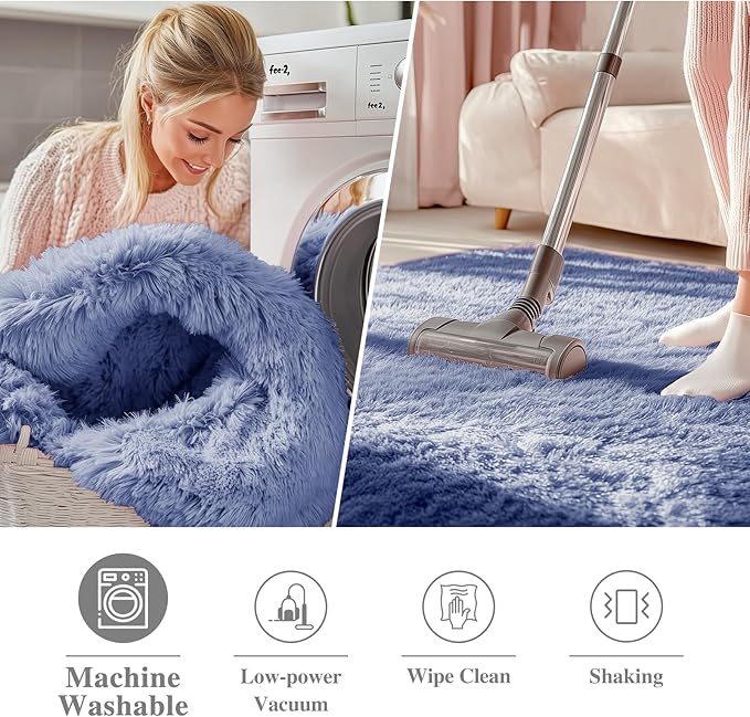 OLANLY Denim Blue Round Rugs for Bedroom - Machine Washable, 8 ft Circle Area Rugs for Living Room, Soft and Fluffy Shaggy Carpet for Teen Girl and Boys, Nursery Rooms, Dorms, Home Decor Aesthetic