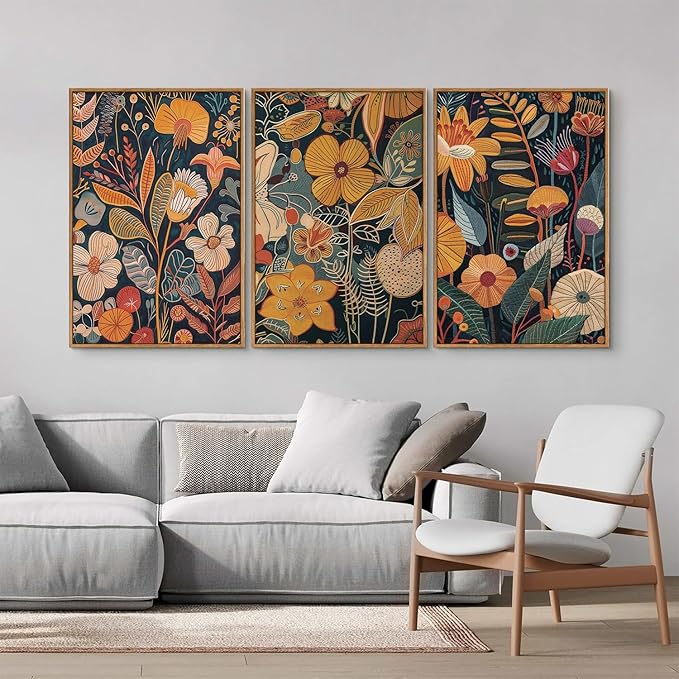 SIGNINART Orange Floral Framed Canvas Wall Art Set of 3, Mid Century Modern Flower Wall Decor, Neutral Plant Artwork, Boho Botanical Art Prints for Bedroom Living Room Office 24"x36"x3
