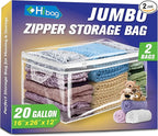 HIBAG 20 Gallon Large Storage Bag for Clothes, Zipper Clothing Storage Bag, Clear Organizer with Reinforced Handles, for Comforters Blankets Pillows Bedding (2 Pack)