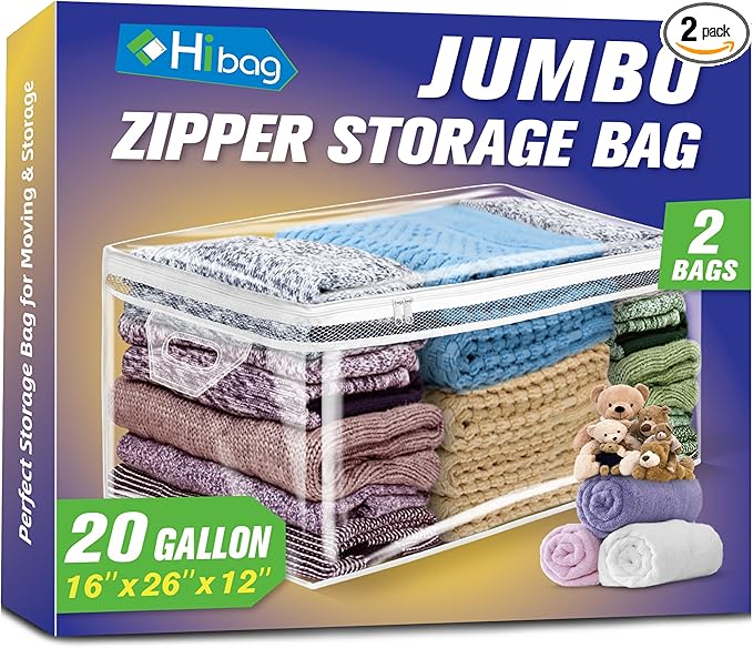 HIBAG 20 Gallon Large Storage Bag for Clothes, Zipper Clothing Storage Bag, Clear Organizer with Reinforced Handles, for Comforters Blankets Pillows Bedding (2 Pack)