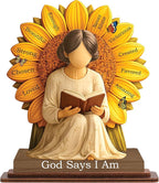 Christian Gifts for Women, God Says I Am Sunflower Desk Decor, Inspirational Religious Gifts for Women, Bible Verse Tabletop Sign for Office Desk, Home Prayer Room, Faith Based Gift for Her
