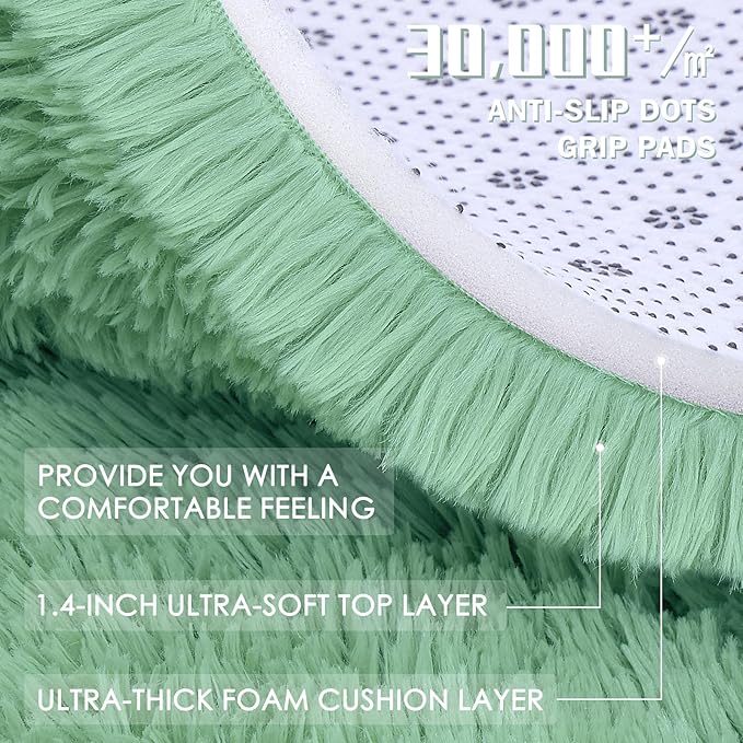 OLANLY Mint Green Round Rugs for Bedroom - Machine Washable, 7 ft Circle Area Rugs for Living Room, Soft and Fluffy Shaggy Carpet for Teen Girls and Boys, Nursery Rooms, Dorms, Home Decor Aesthetic