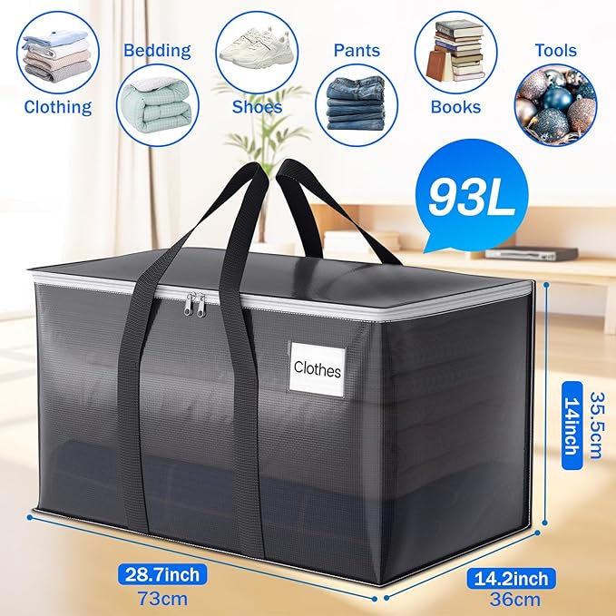 2 Pack Moving Bags Heavy Duty, Moving Boxes, Storage Bags with Zipper & Handles & Tag for College & Dorm Moving Supplies Grey Laundry Hamper Bag, Foldable Space-saving Totes (93L, Grey)