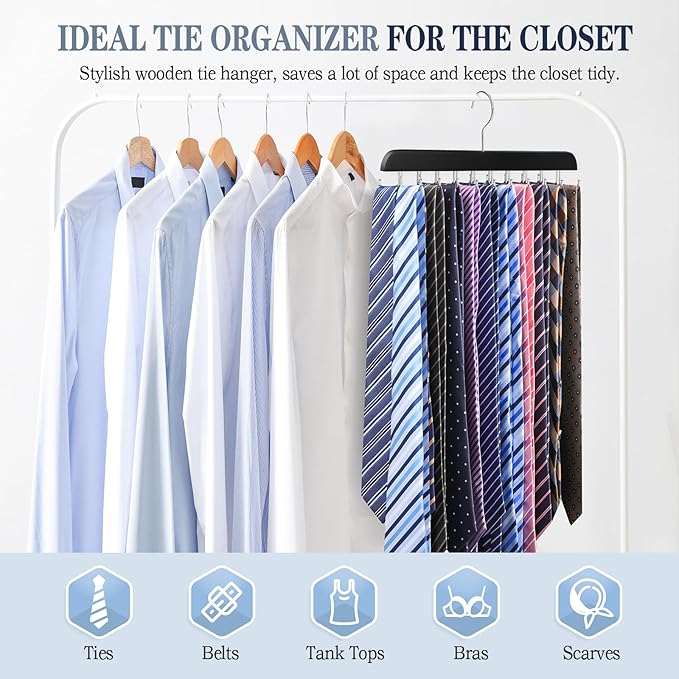 Tie Rack Belt Hanger for Closet Upgraded Non Slip Tie Hanger Space Saving with 20 Foldable Hooks Wooden Belt Tie Organizer for Tank Tops Bras Cami Scarves
