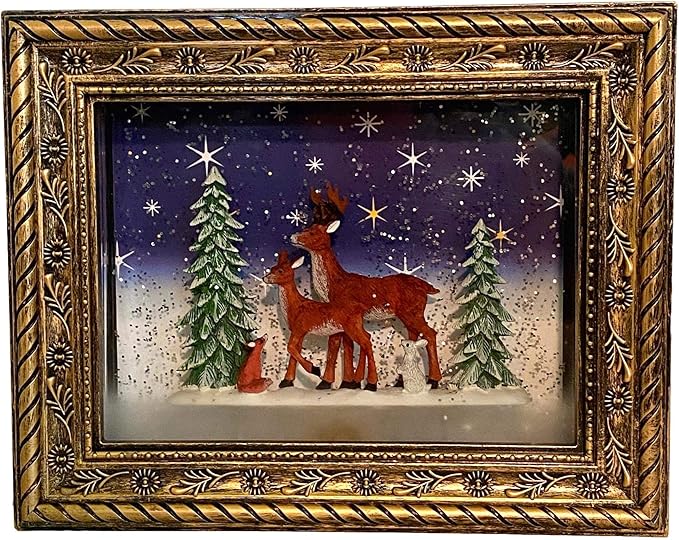 San Francisco Music Box Musical Lighted Reindeer in The Woods Frame
