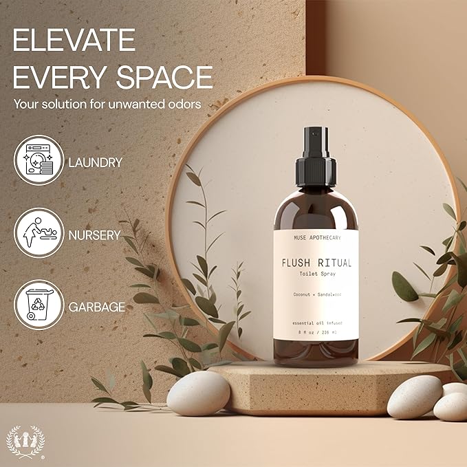 Muse Apothecary Flush Ritual - Aromatic & Refreshing Toilet Spray, Use Before You Go, 2 oz, Infused with Natural Essential Oils - Tonka Bean + Amber + Warm Cedarwood