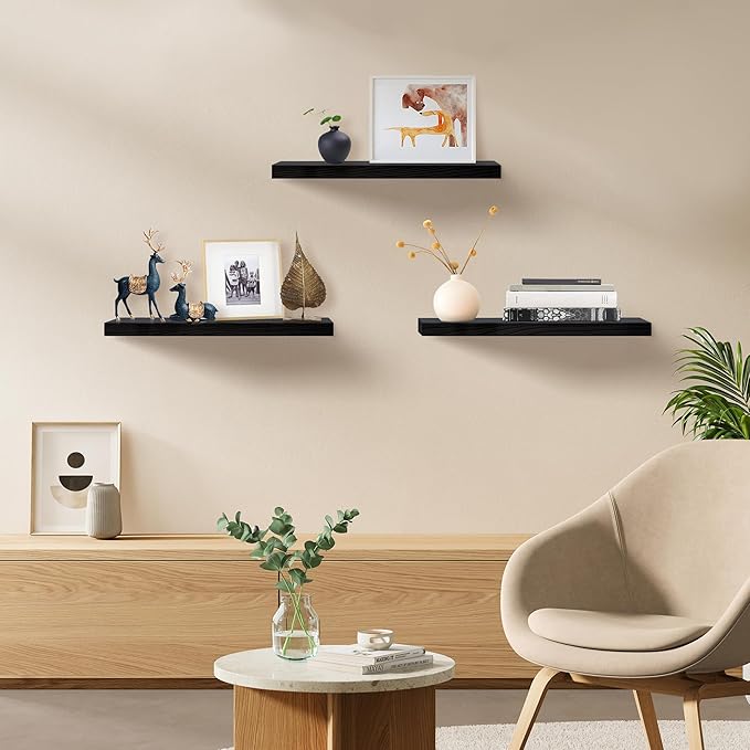 Upassion Floating Shelves for Wall Set of 3, 36" Black Wall Shelves for Home Decor, Frame Display Black Floating Shelf for Living Room, Bedroom, Bathroom, Kitchen