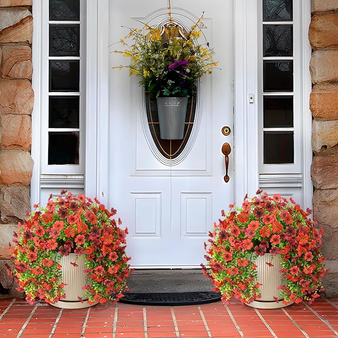 Homsunny Artificial Fake Flowers Plants for Outdoor Decoration, 2 PCS Faux Mums Flowers for Outside UV Resistant Realistic for Porch Patio Garden Yard Balcony Home Decor(Red Brown)