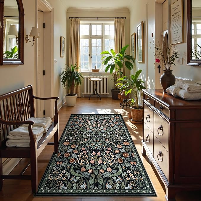 Moynesa Floral Area Rugs 4x6, Boho Washable Living Room Rugs, Non Slip Soft Rugs for Bedroom, Botanical Ultra Thin Entryway Throw Carpet for Kitchen Dorm Bathroom, Black