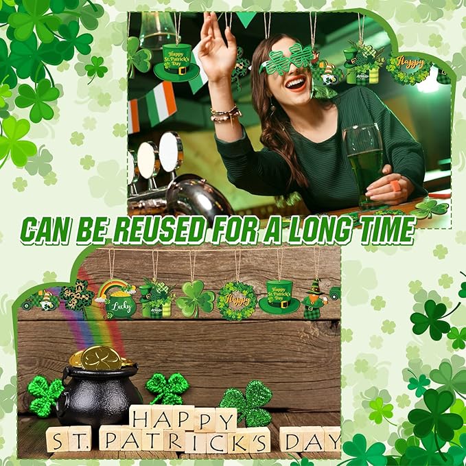 Sintuff 36 Pieces St. Patricks Day Decorations Wooden Shamrock Ornaments for Tree St Patricks Day Ornaments Irish Hanging Decorations for Party