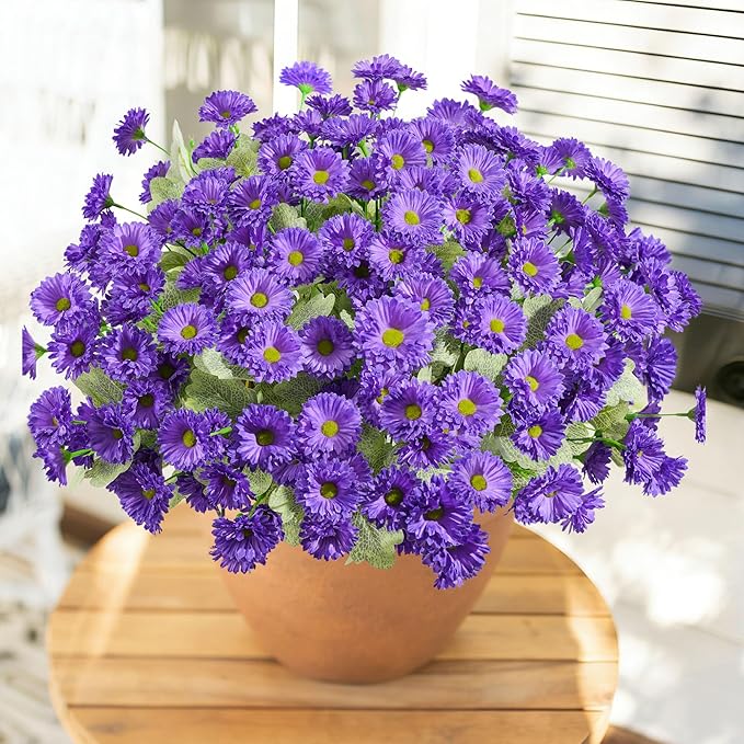 HyeFlora Artificial Fake Flowers for Outdoors Spring Summer Decor, 6 Bundles Faux Daisy Plants Silk Flowers for Outside Realistic UV Resistant for Outdoor Planter Porch Patio Balcony Yard Home, Purple