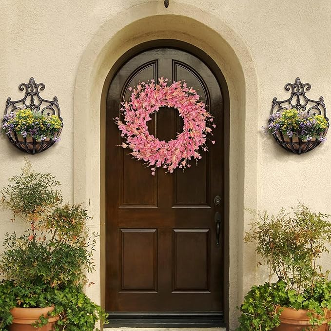 24 Inch Artificial Pink Forsythia Flower Wreath, Silk & Paper Floral Wreaths for Front Door, Romantic Valentine's Day & Spring Summer Decor, All Season Farmhouse Wedding Indoor Outdoor Decor