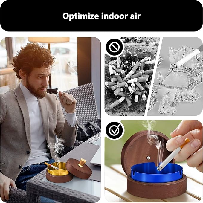 roygra Wooden Ash Tray with Lid (2 Pack), Outdoor Ashtray for Outside Patio, Smokeless Ashtrays for Cigarettes with 3 Holder, Smoking Accessories, Home Décor, Ashtrays for Smokers Indoor - Silver