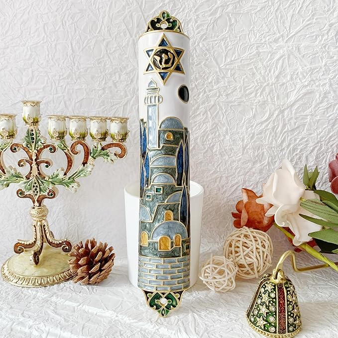 Hand Painted Mezuzah, 9.5 Inches Exquisite Enamel Mezuzah with Star of David and Jerusalem Motifs