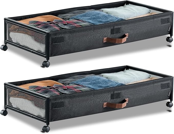 VEVOR Under Bed Storage with Wheels, 36.0 x 18.1 x 7.3 inch, Underbed Containers with Clear Lid, Underbed Shoe Organizer, Rolling Under the Bed Storage Bins for Clothes Shoes Blankets Bedroom, 2 Pack