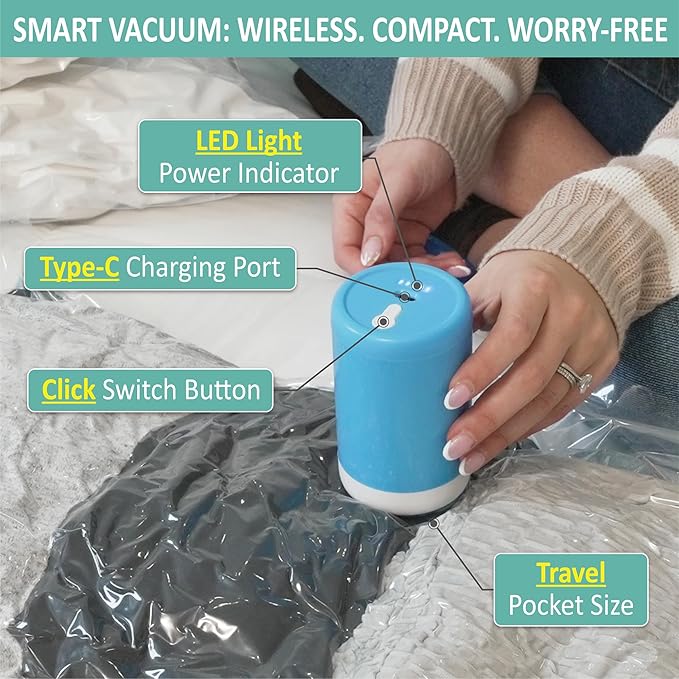 Cozy Essential Travel Vacuum Storage Bags with Rechargeable Cordless Electric Pump, Space Saver Bags for Luggage, Suitcase, Carry-On, for Clothes, Blankets, Comforters, Pillows, 8 Combo