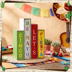 Lineshading 4 Pcs Cinco De Mayo Decor Wooden Books Stack Mexican Table Decorations Rustic Fiesta Tiered Tray Decor Sombrero Cactus Red Chili Centerpiece for Fiesta Mexican Birthday Party Decoration